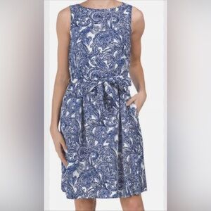Anne Klein Linen blue paisley tie waste dress with pockets! Size 10